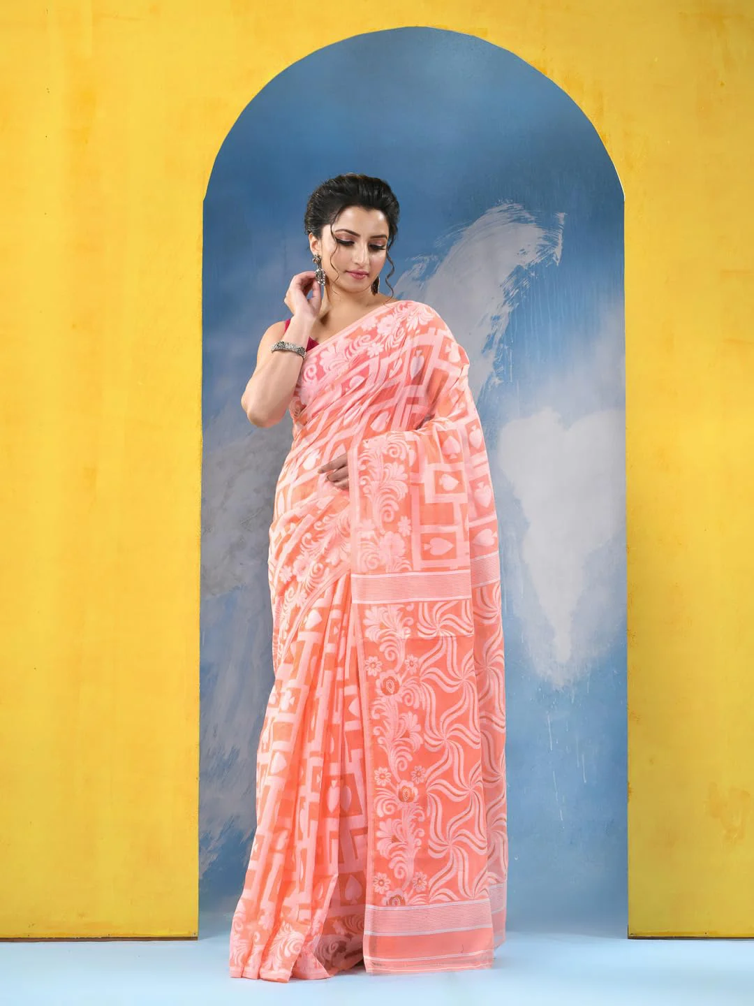 dB DESH BIDESH Women`s Resham Dhakai Jamdani Cotton Handloom Saree Playing Card Design Jamdani Saree (Orange White) - image 1