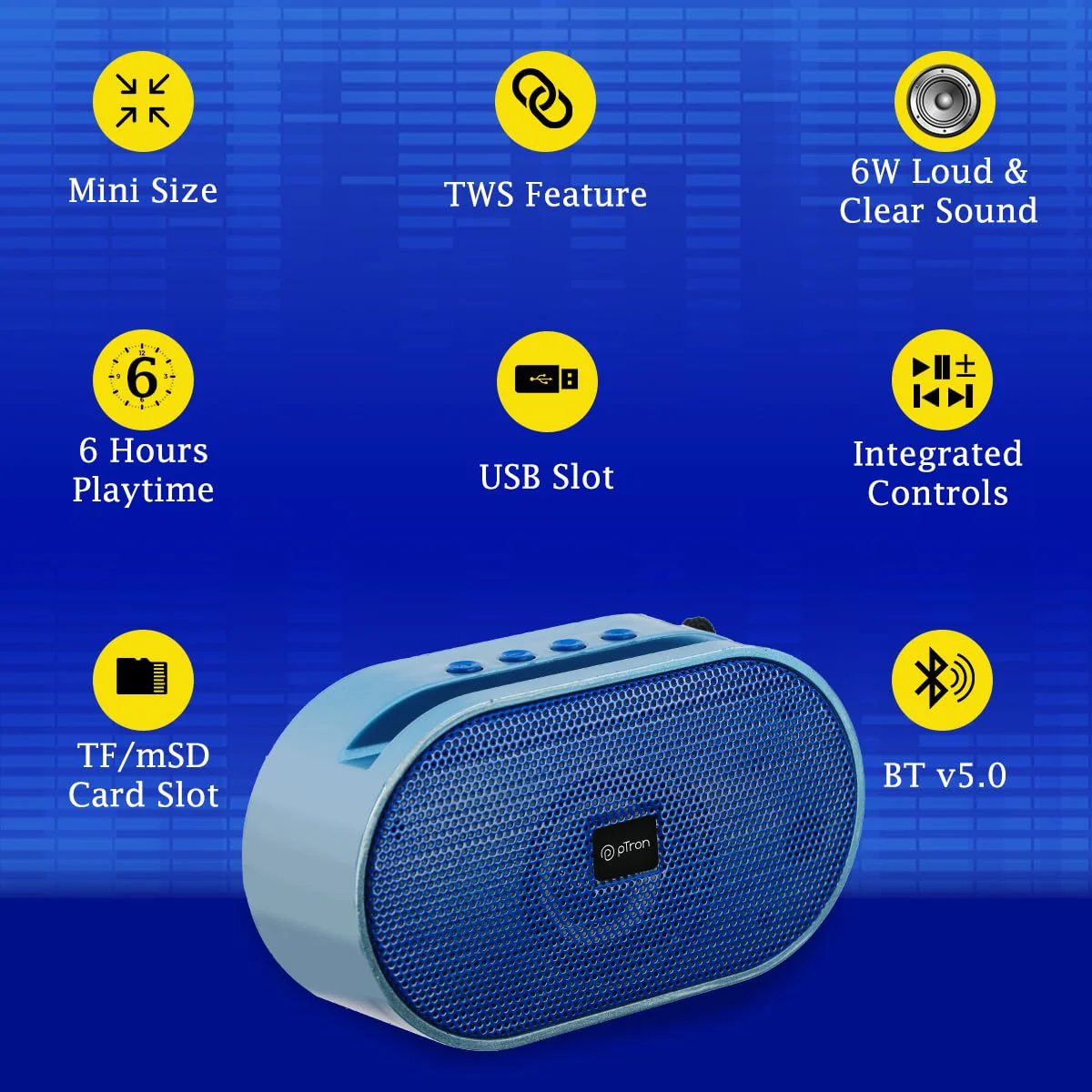 pTron Newly Launched Fusion Hook 6W Mini Bluetooth Speaker, 6 Hrs Playtime, 52mm Dynamic Driver, Bluetooth 5.0 Connectivity, TF Card/USB Playback, TWS Pairing & Integrated Controls (Blue) - image 2