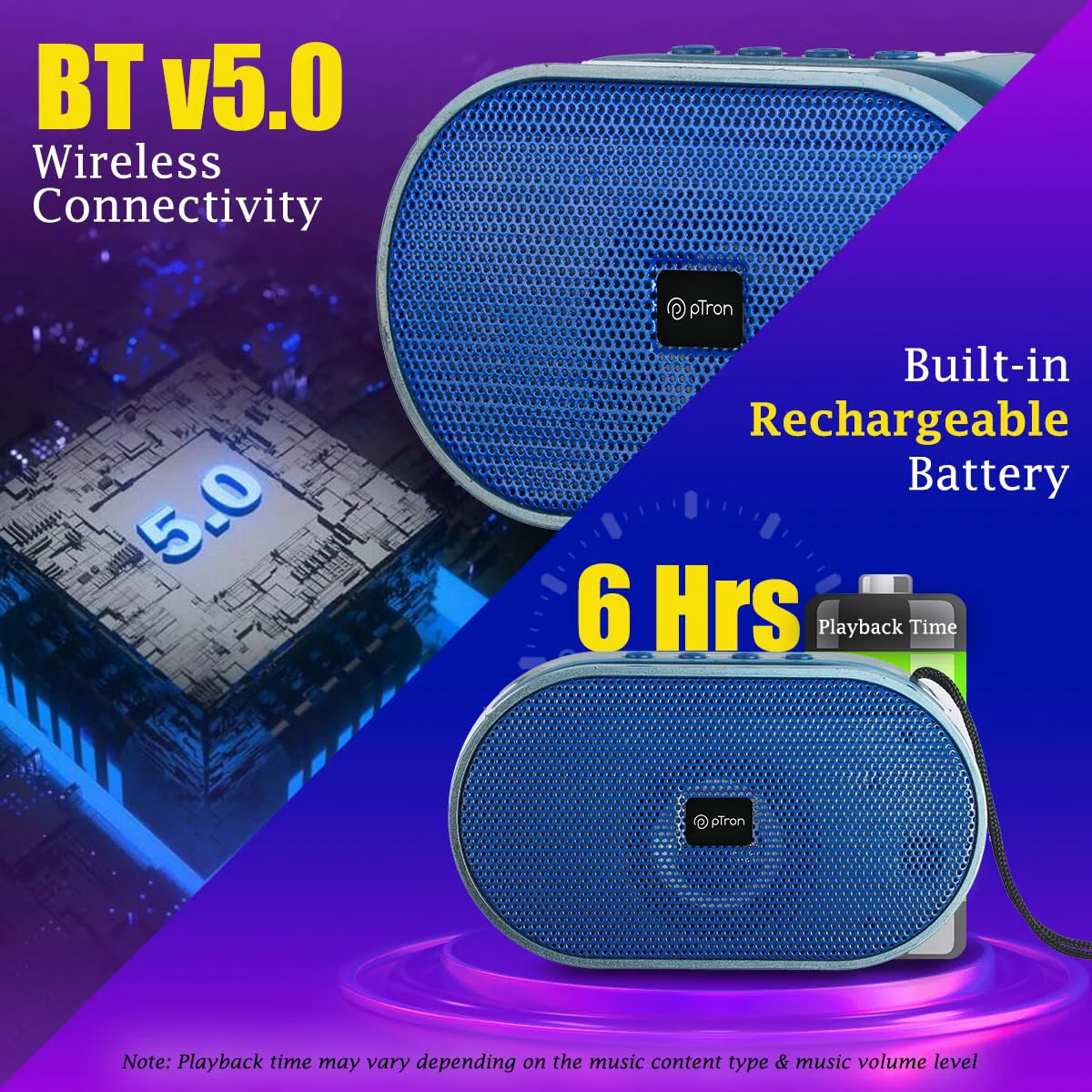 pTron Newly Launched Fusion Hook 6W Mini Bluetooth Speaker, 6 Hrs Playtime, 52mm Dynamic Driver, Bluetooth 5.0 Connectivity, TF Card/USB Playback, TWS Pairing & Integrated Controls (Blue) - image 1