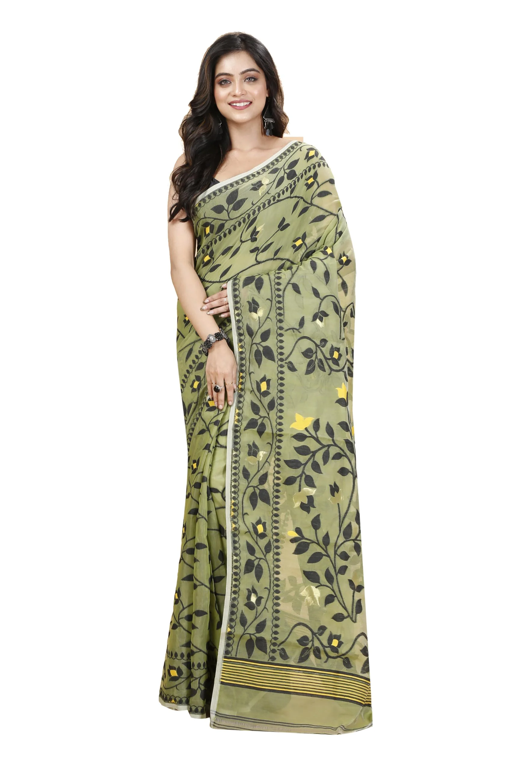 Tant Vastra Women’s Soft Resham Dhakai Lata Jamdani Saree without Starch And Without Blouse Piece (Light Pista) - image 2