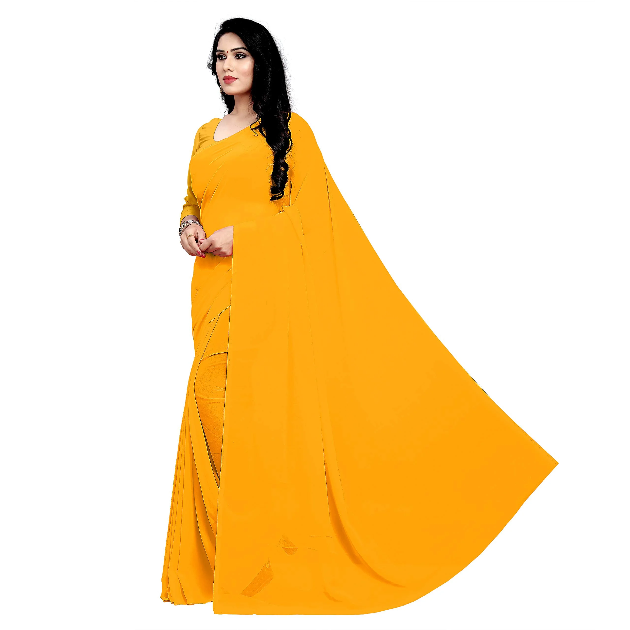 Sidhidata Women's Georgette Saree With Unstiched Blouse Piece (plain-gold-_Gold), Free Size - image 2