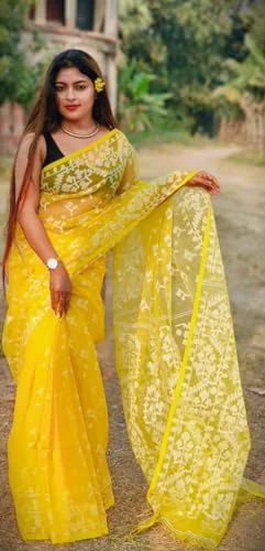 Women's Traditional Bengal Cotton Silk Jamdani Saree Without Blouse Piece (Yellow) - image 1