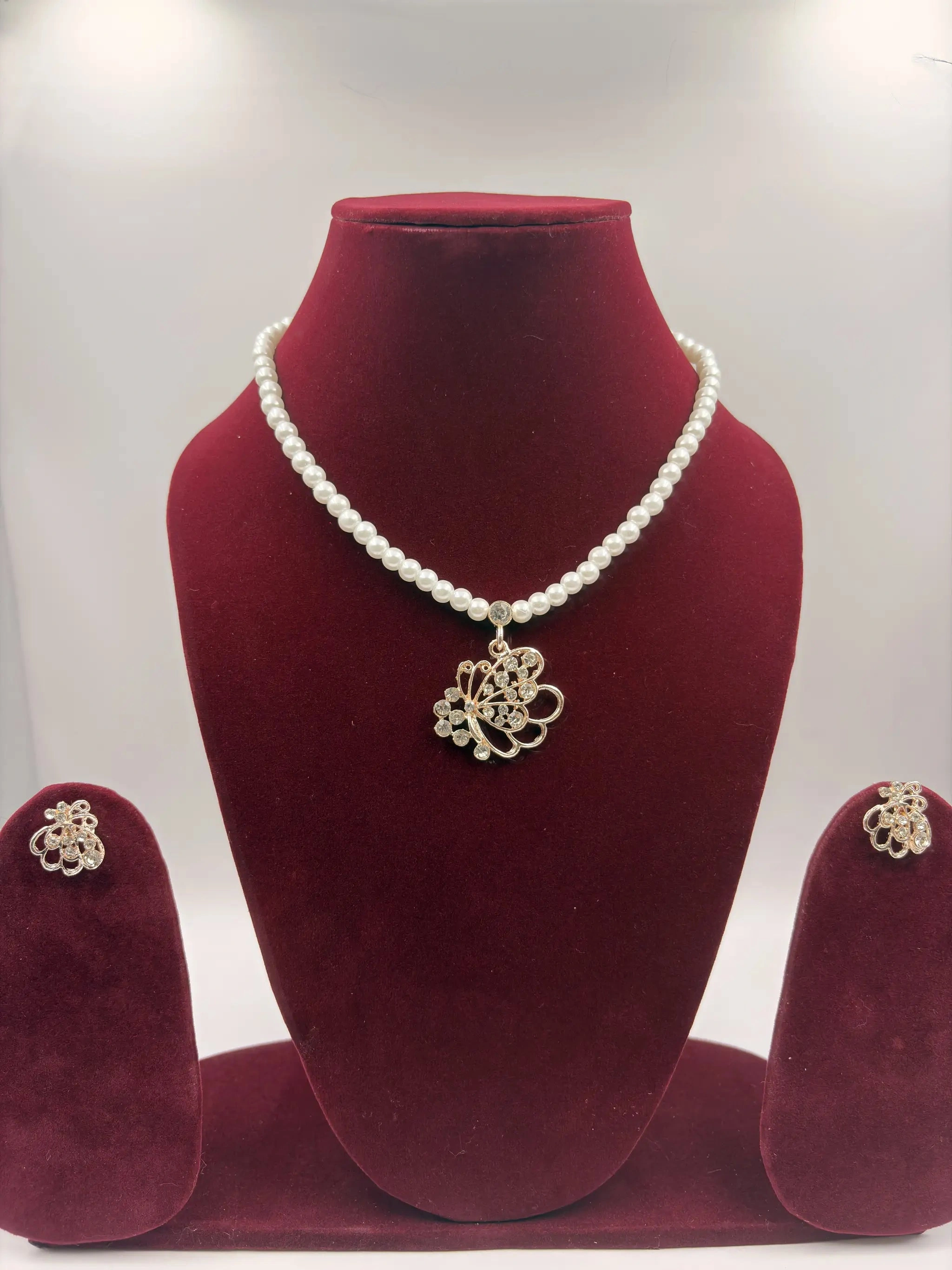 Pearl Necklace with Butterfly Crystal Pendant & Matching Earrings – Artificial Jewellery
