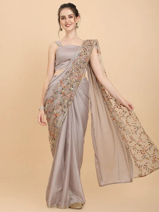 Women Ivory Floral Embroidered Silk Blend Saree with Blouse Piece - image 1