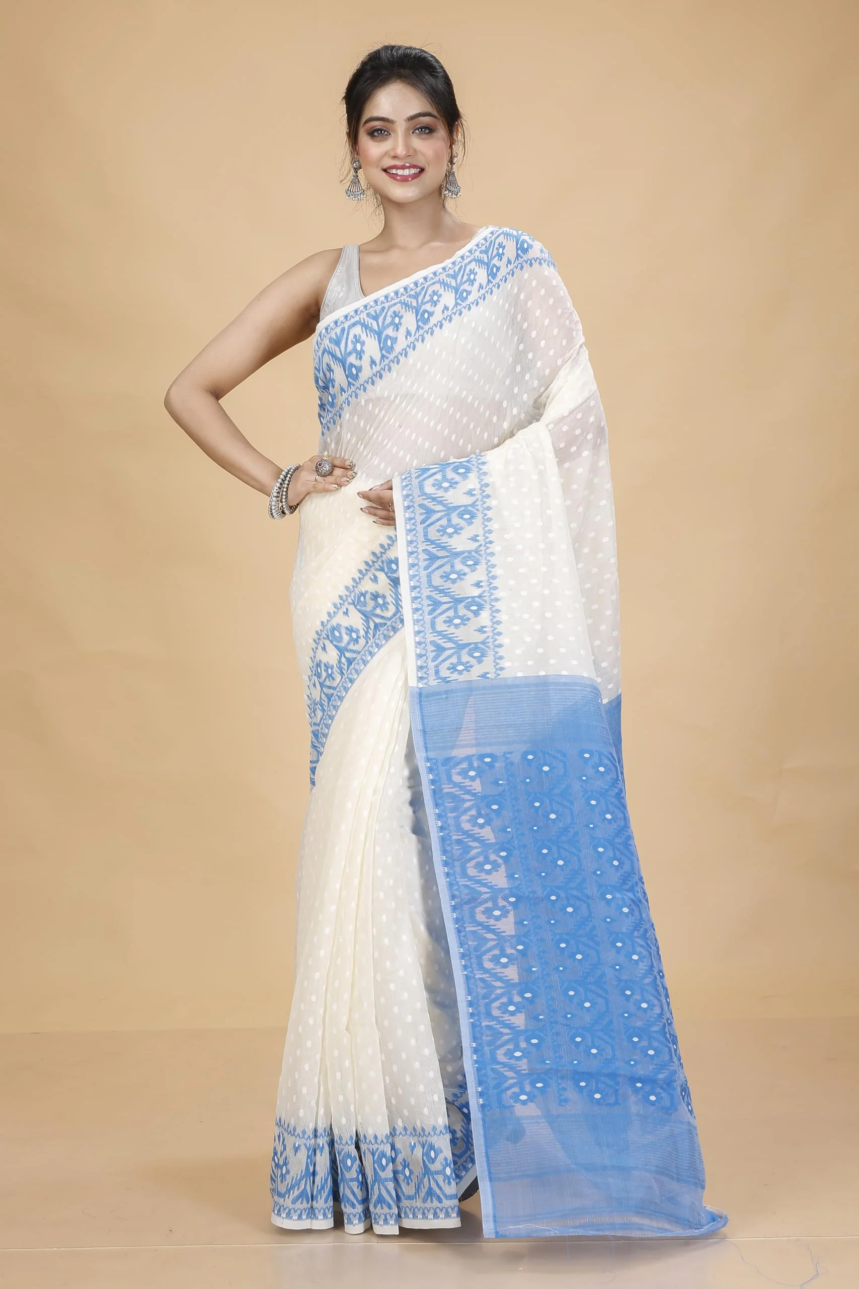Tant Vastra Women’s Soft Resham Dhakai Ball Work Jamdani Saree without Starch And Without Blouse Piece (Steel) (White-Light Blue) - image 2