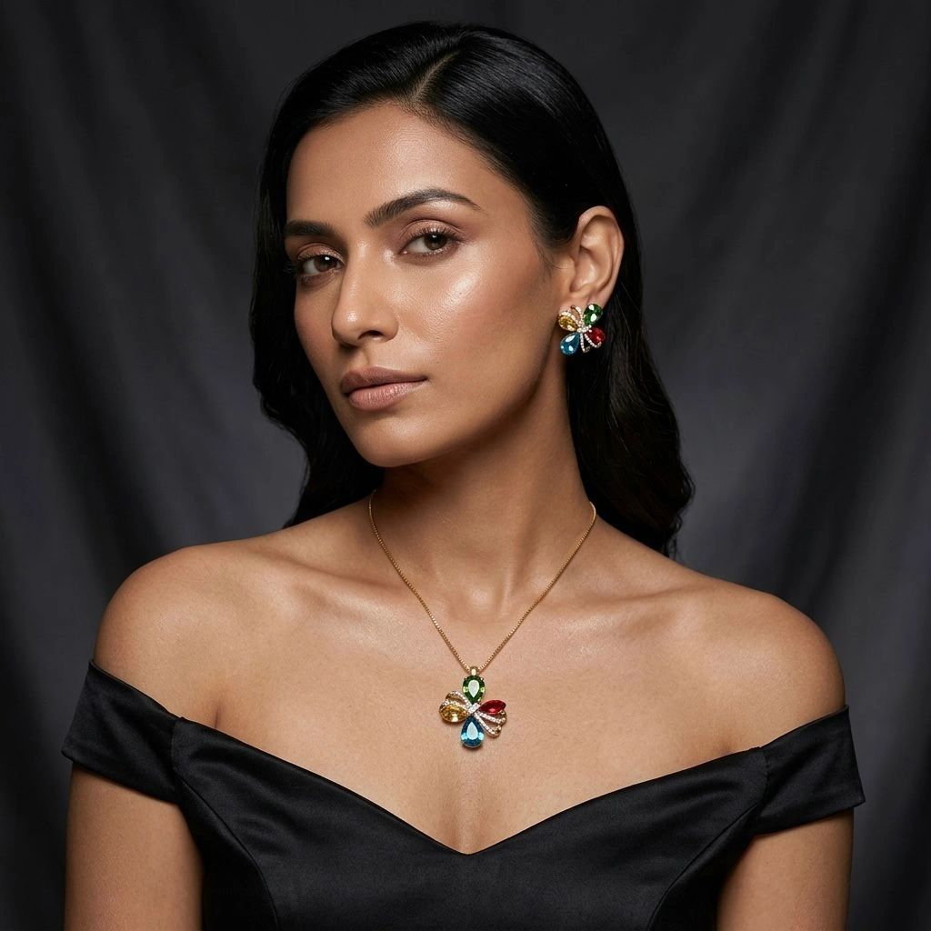 Multi Color Stone Pendant Necklace & Earrings Set