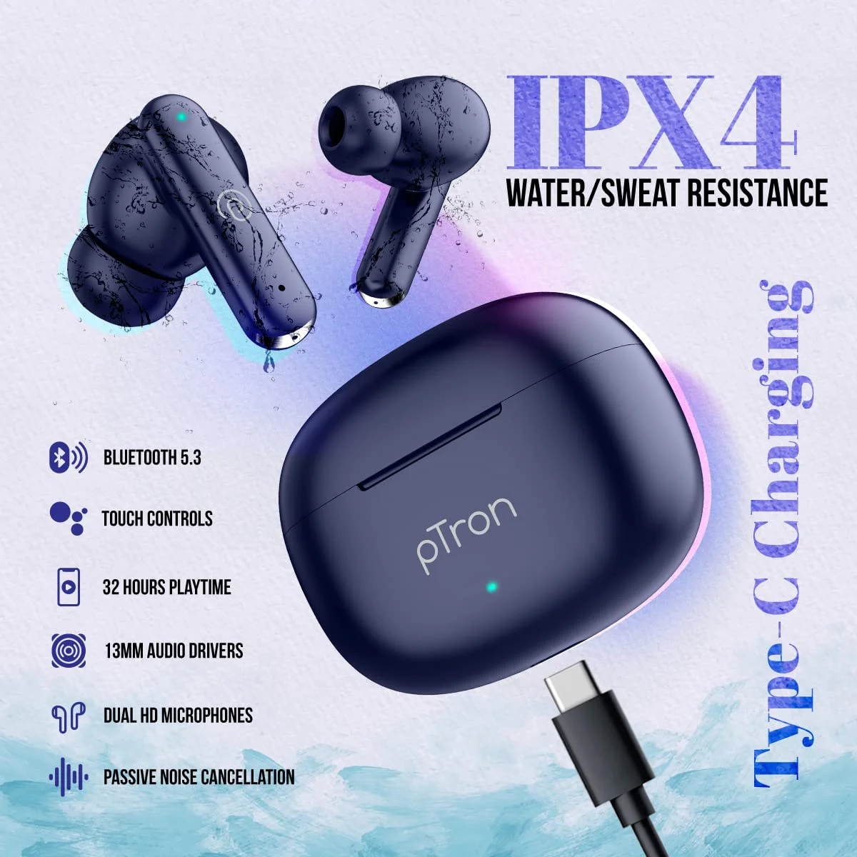 pTron Bassbuds Air in-Ear TWS Earbuds with 13mm Driver for Immersive Sound, 32Hrs Playtime, Clear Calls, Bluetooth V5.1, Touch Control, TypeC Fast Charging, Voice Assist & IPX4 Water Resistant - image 2