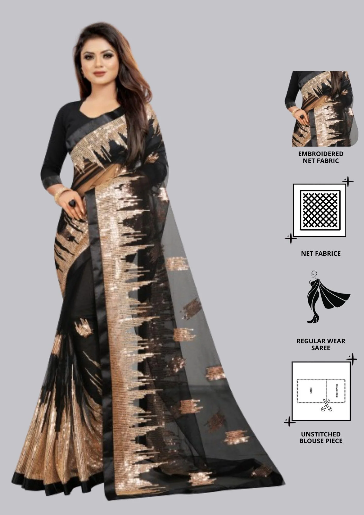 Vastraani Women's Sequined Woven Net Saree with Blouse Piece (Black, Free Size) - image 2