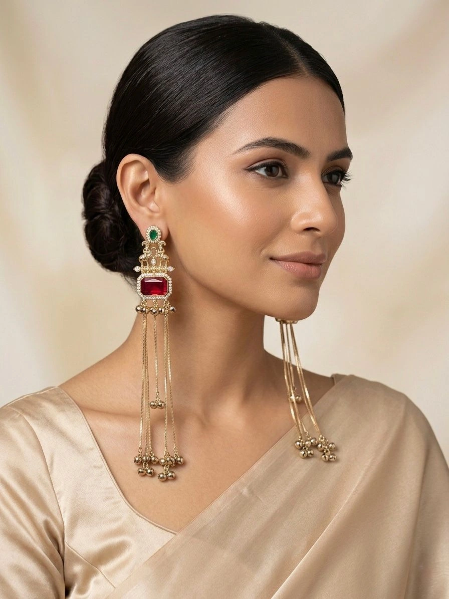 Kundan Red Green Tassel Earrings
