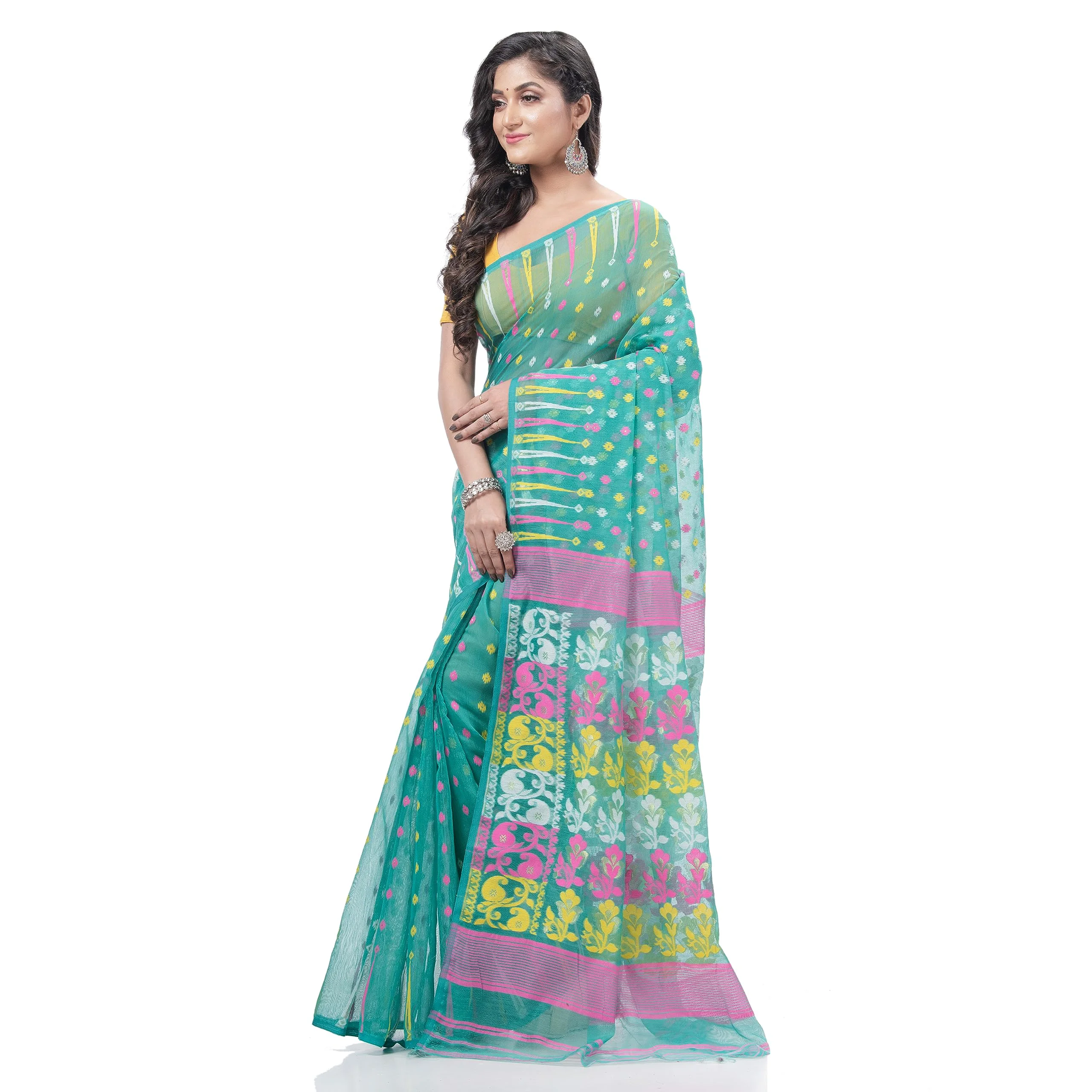 dB DESH BIDESH Women`s Queen of Diamond Resham Dhakai Jamdani Bengal Pure Cotton Handloom Saree (Firoza) - image 2