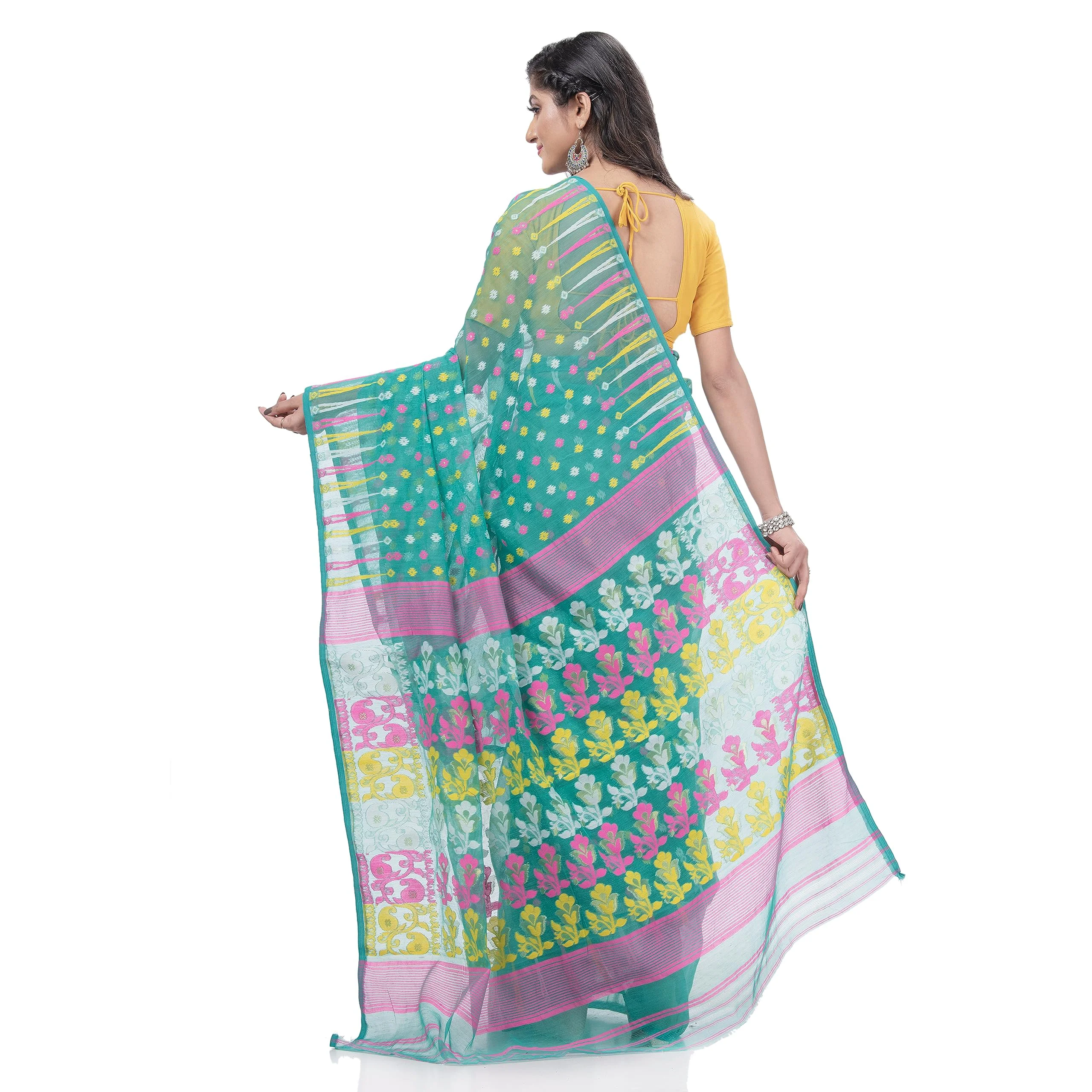 dB DESH BIDESH Women`s Queen of Diamond Resham Dhakai Jamdani Bengal Pure Cotton Handloom Saree (Firoza) - image 1