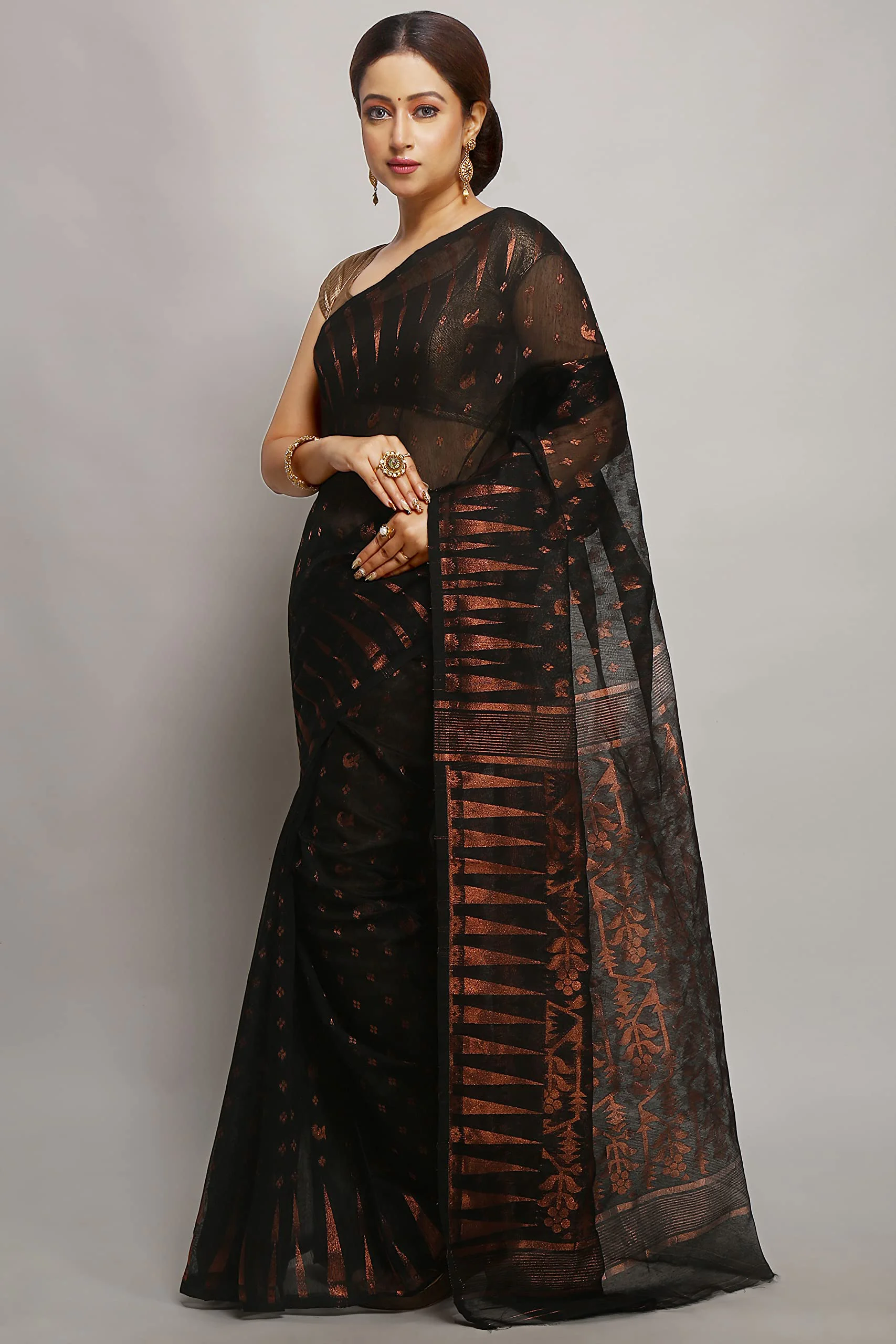 WoodenTant women’s cotton silk dhakai jamdani saree without blouse piece_Black - image 2