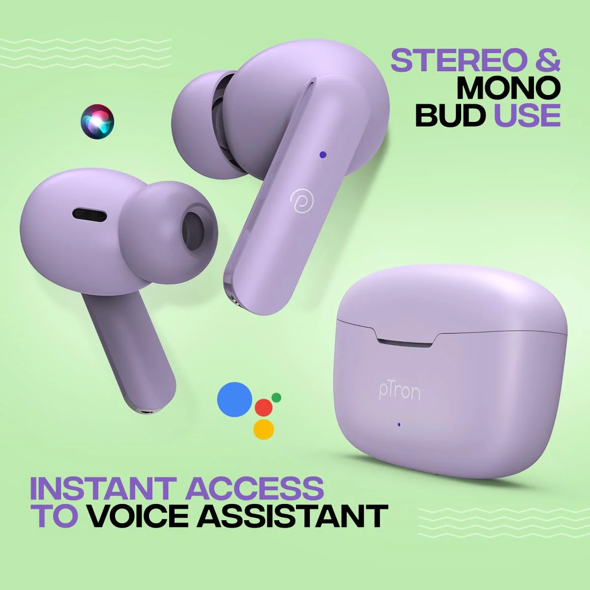 pTron Bassbuds Duo in-Ear Wireless Earbuds,Immersive Sound,32Hrs Playtime,Clear Calls TWS Earbuds,Bluetooth V5.1 Headphones,Type-C Fast Charging,Voice Assist&Ipx4 Water Resistant (Light Lilac) - image 2