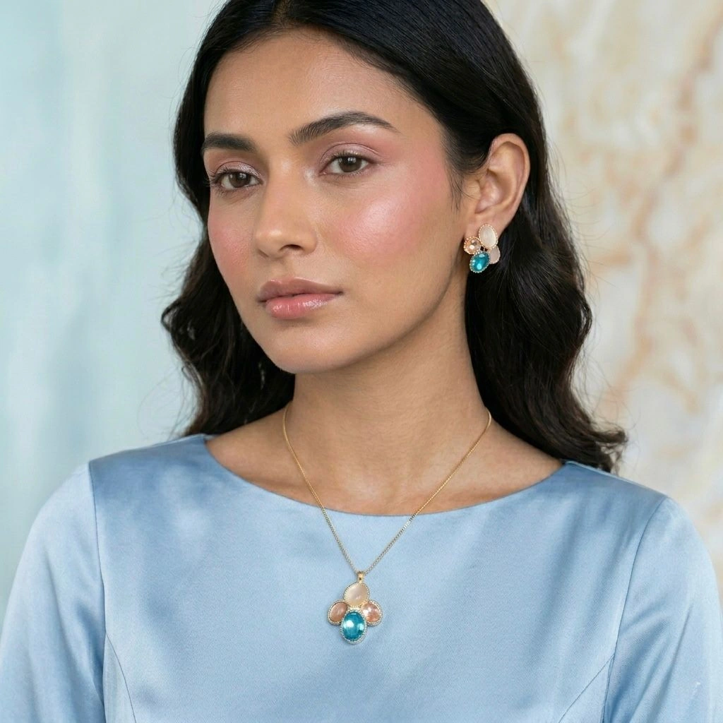 Pastel Multi Stone Pendant Necklace & Earrings Set