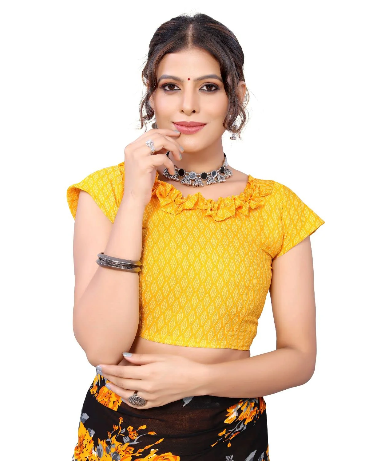 Tarshika Women's Yellow Floral Printed Georgette Saree with unstitched blouse piece(FLORAL YELLOW_W_Free Size) - image 1
