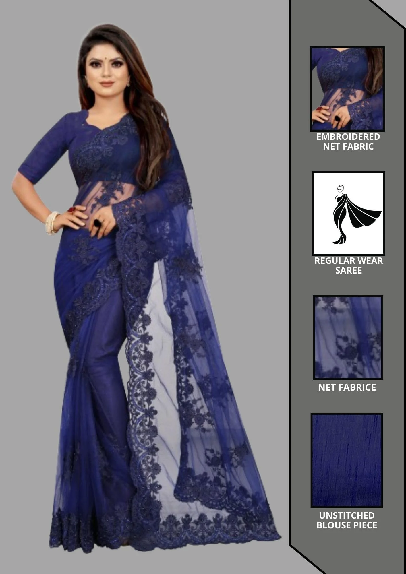 Vastraani Women's Cut Wok Embroidered Woven Net Saree with Blouse Piece (Blue, Free Size) - image 2