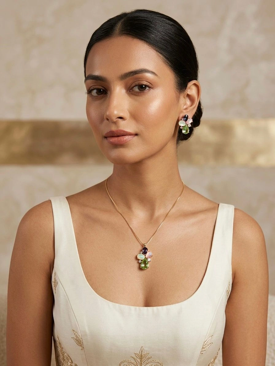 Multi Stone Pendant Necklace & Earrings Set