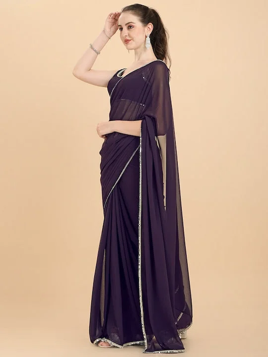 Women Wine Solid Georgette Saree with Blouse Piece - image 2