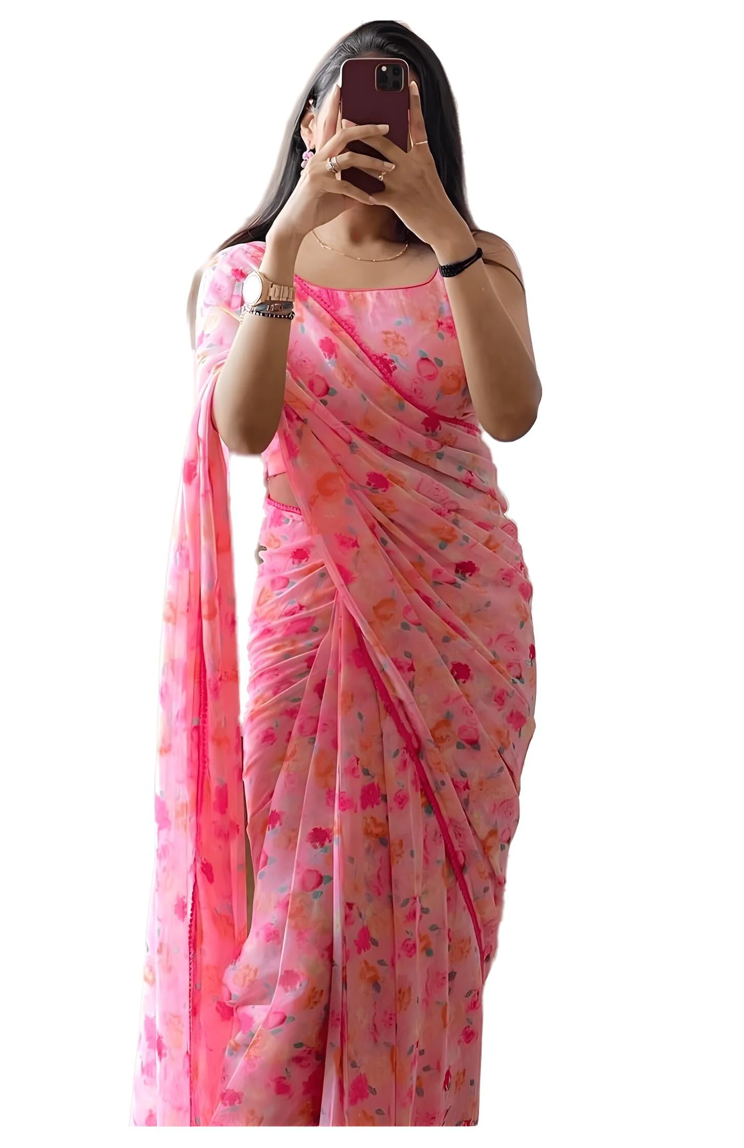 Stylescope Women's Georgette Floral Printed Lace Bordered Ready To Wear One Minute Saree With Print Unstitched Blouse Piece (Candy Pink_Pink_Free Size) - image 2
