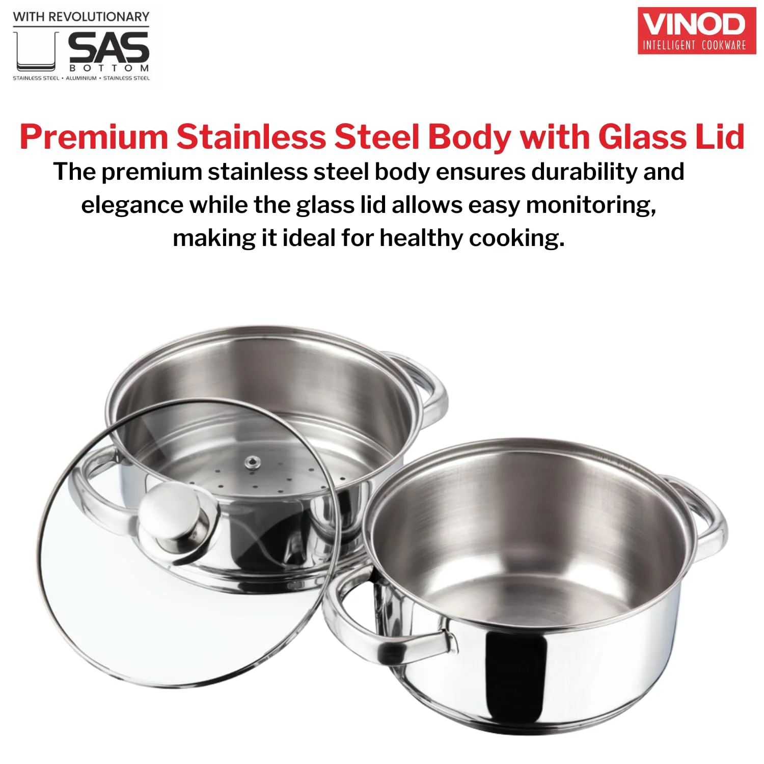 Vinod Stainless Steel Steamer 2 Tier with Glass Lid 18 cm | 2.5 mm Thick Base | Multi Purpose Momos, Modak Maker Steamer | Induction and Gas Base | 2 Year Warranty - Silver - image 2