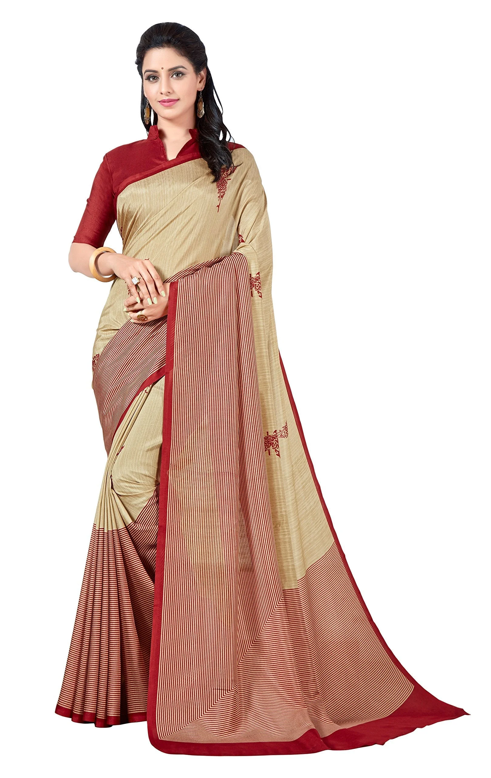 Vimla Women's Beige Malgudi Art Silk Uniform Printed Saree with Blouse (5899_Free Size, Beige) - image 1