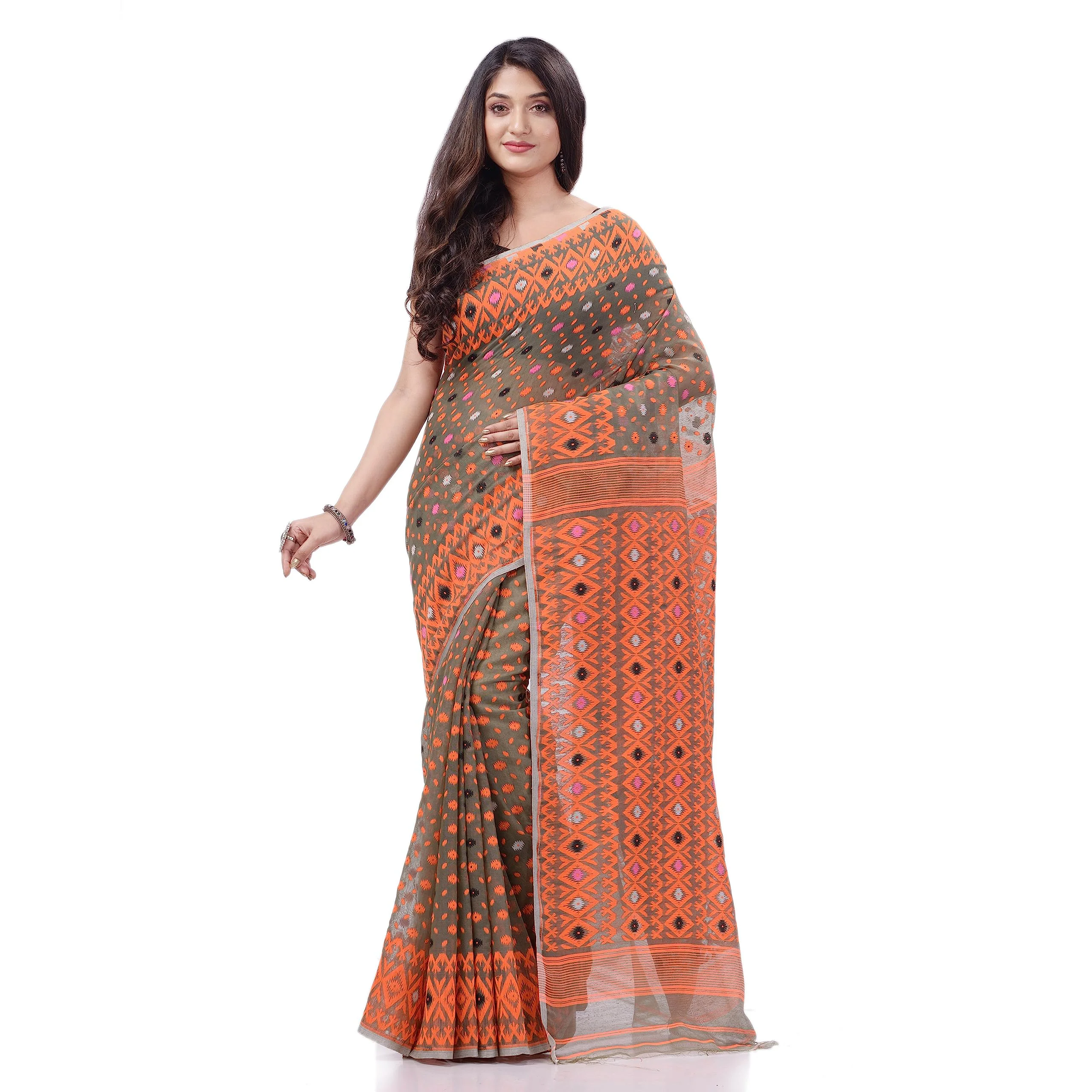 dB DESH BIDESH Women`s Jamdani Sarees For Women Cotton Silk saree Hirokduti Design Cotton Sarees Dhakai Jamdani Sarees For Women Handloom Sarees Without Blouse Piece (Grey Orange) - image 2
