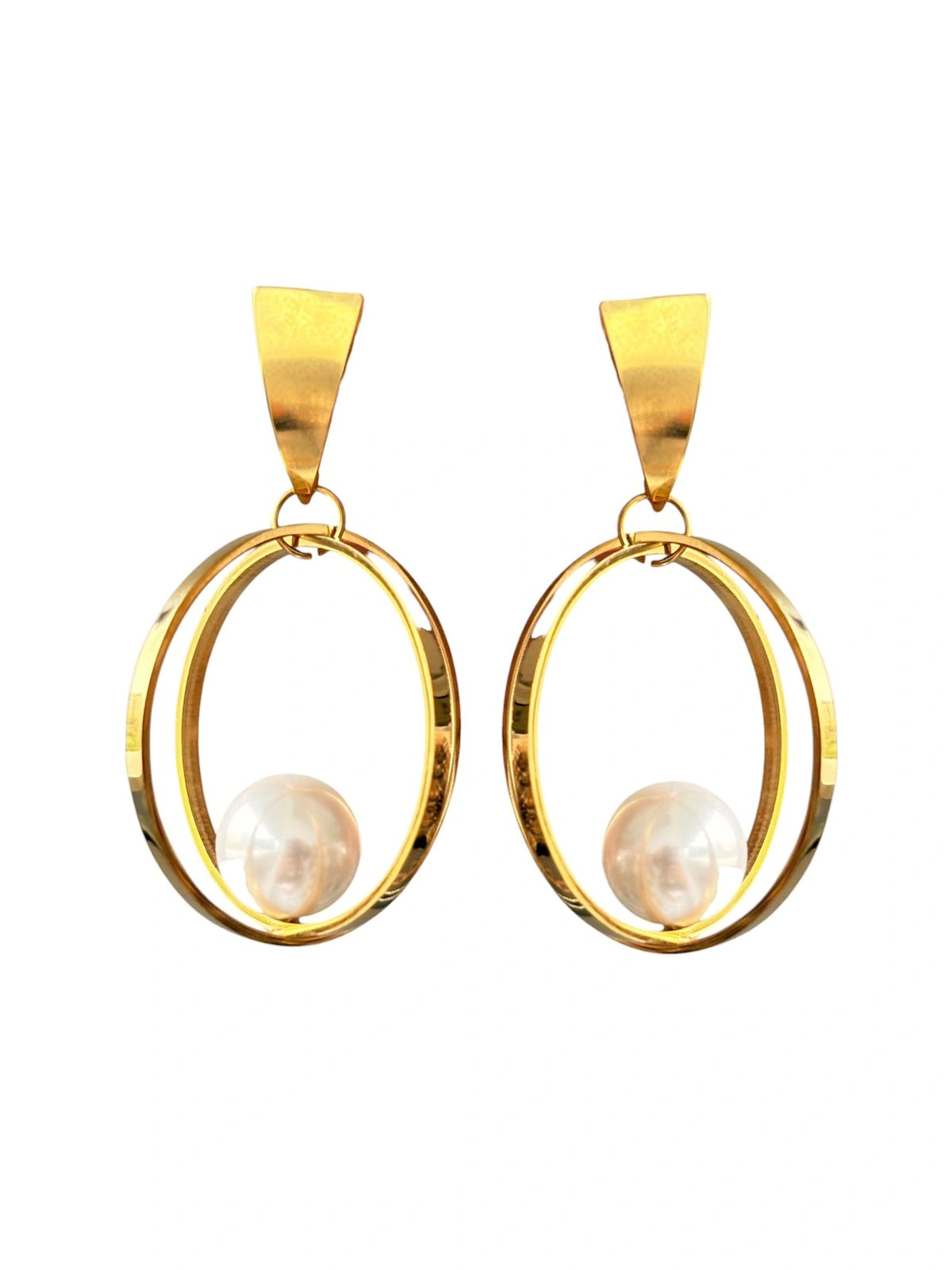 Gold Oval Hoop Pearl Drop Earrings