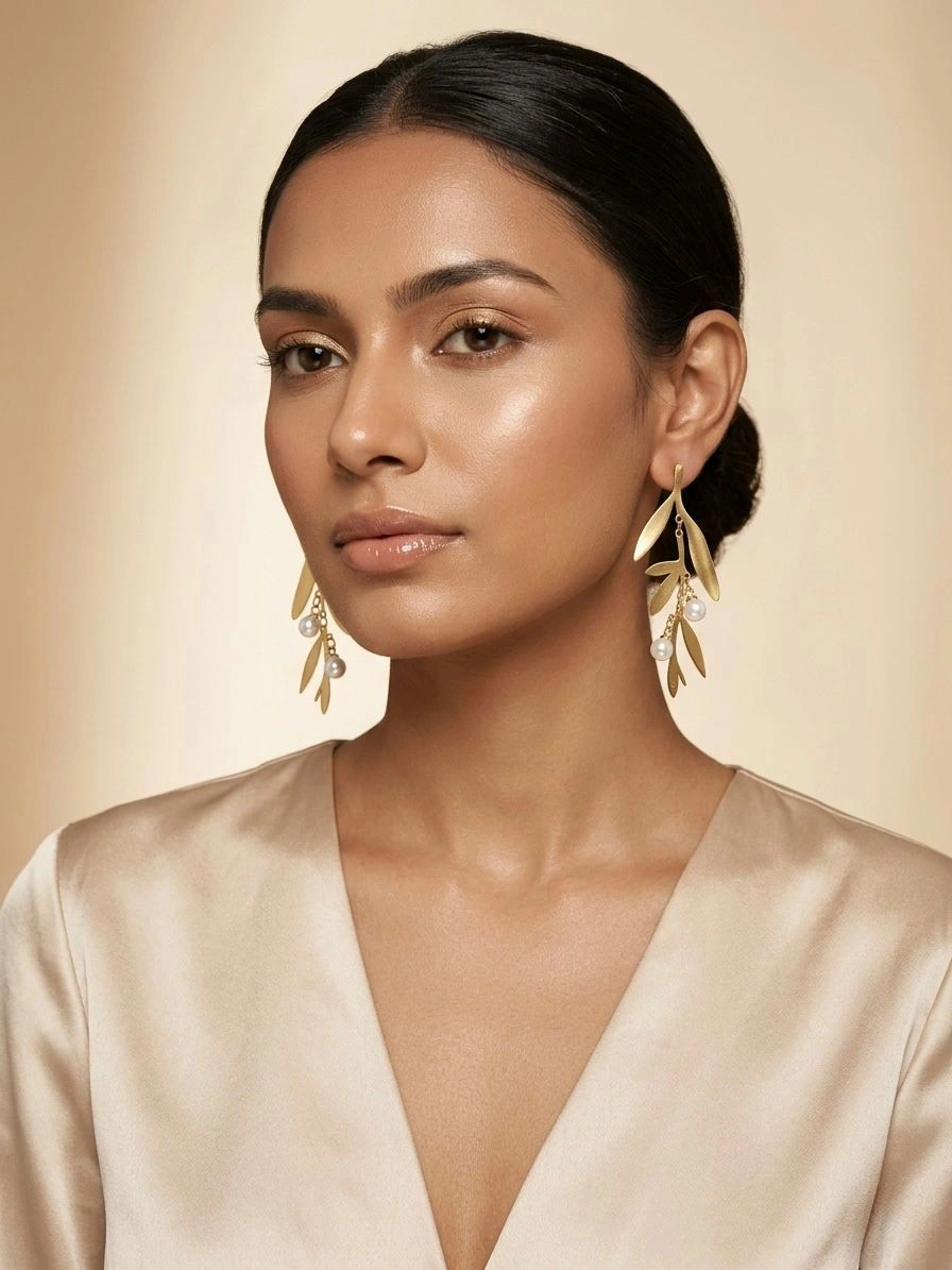 Leaf Design Pearl Drop Earrings
