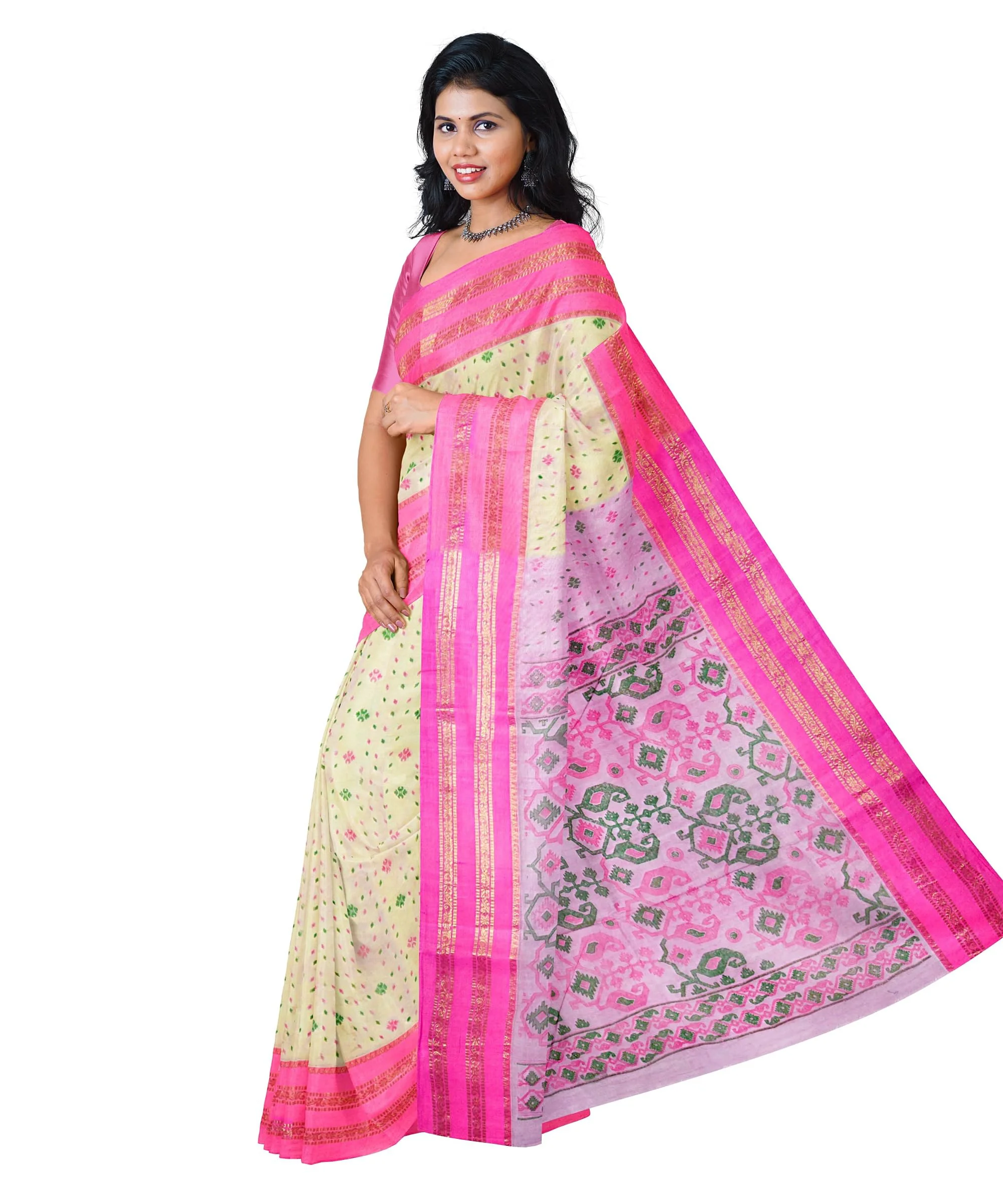 eC ESHA'S COLLECTION Women's Pure Cotton Jamdani Printed Tant Saree Without Blouse Piece (Pink) - image 1