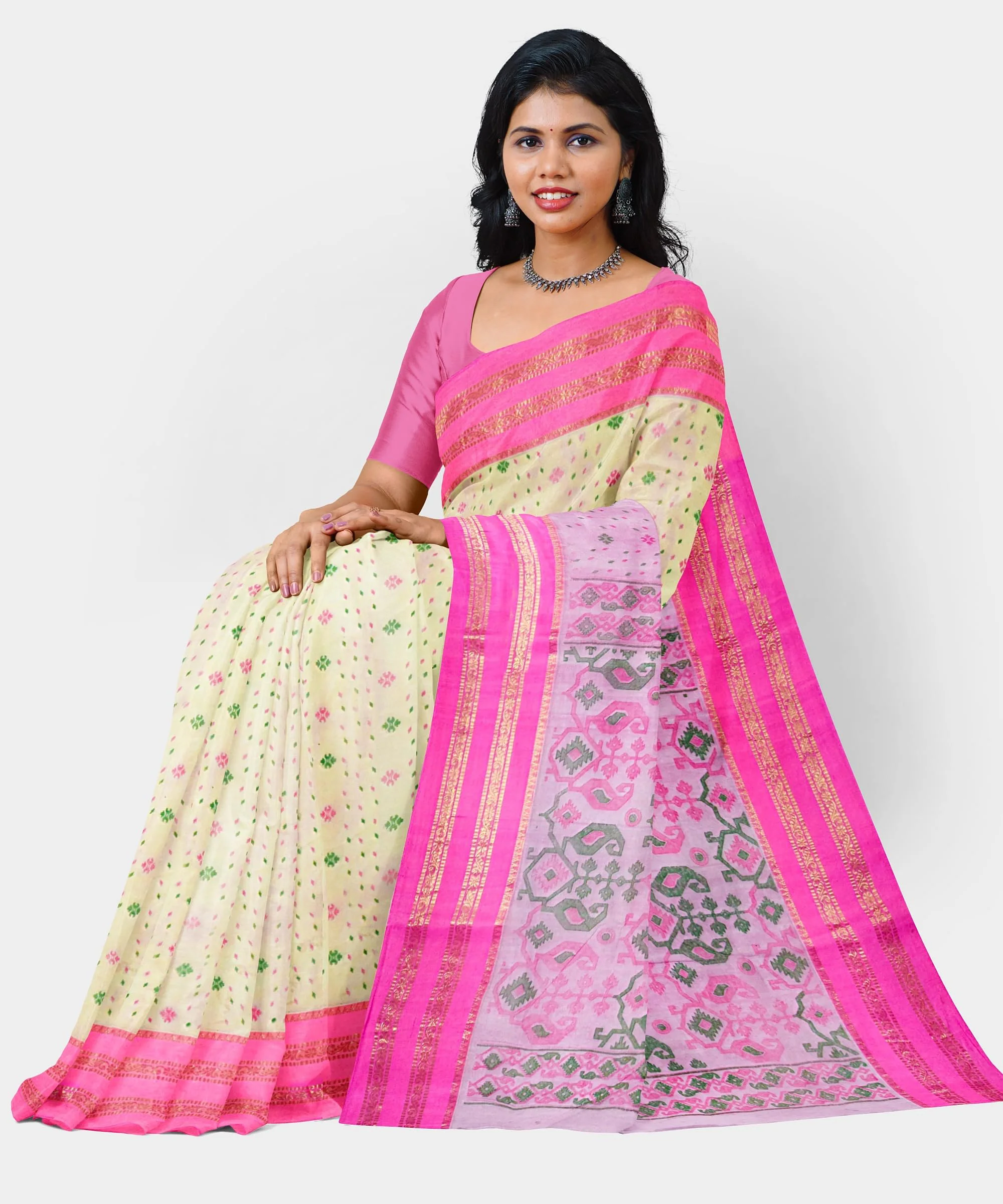 eC ESHA'S COLLECTION Women's Pure Cotton Jamdani Printed Tant Saree Without Blouse Piece (Pink) - image 2