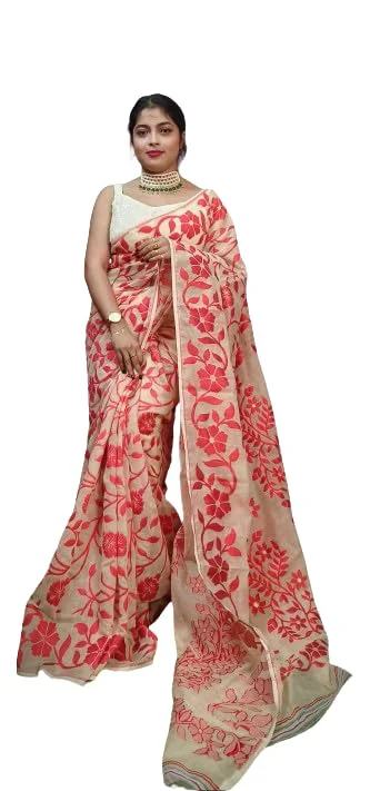 Women's Floral Print Lata Design Jamdani Cotton Silk Saree Without Blouse Piece (Cream) - image 2