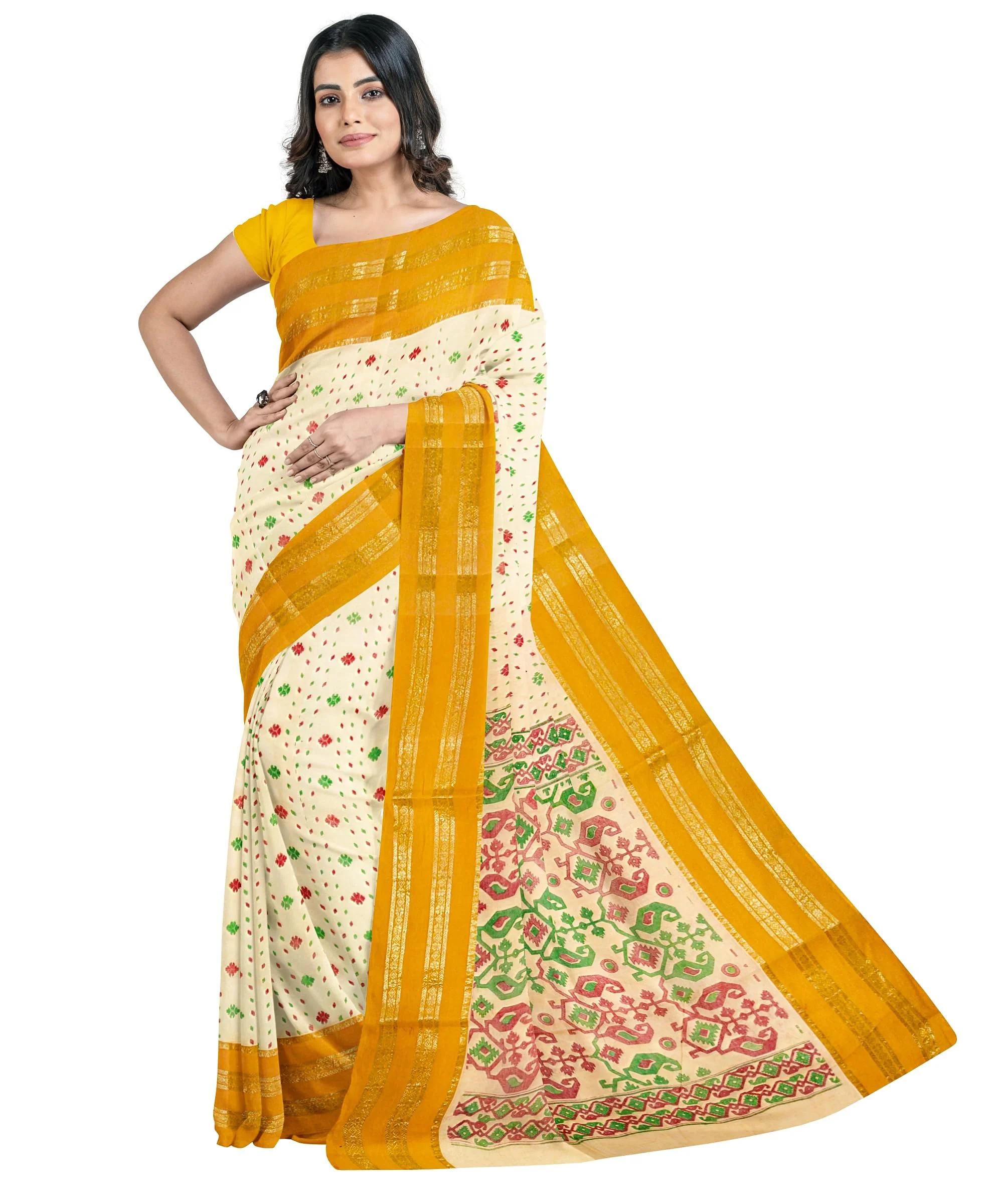 eC ESHA'S COLLECTION Women's Pure Cotton Jamdani Printed Tant Saree Without Blouse Piece (Mustard) - image 1