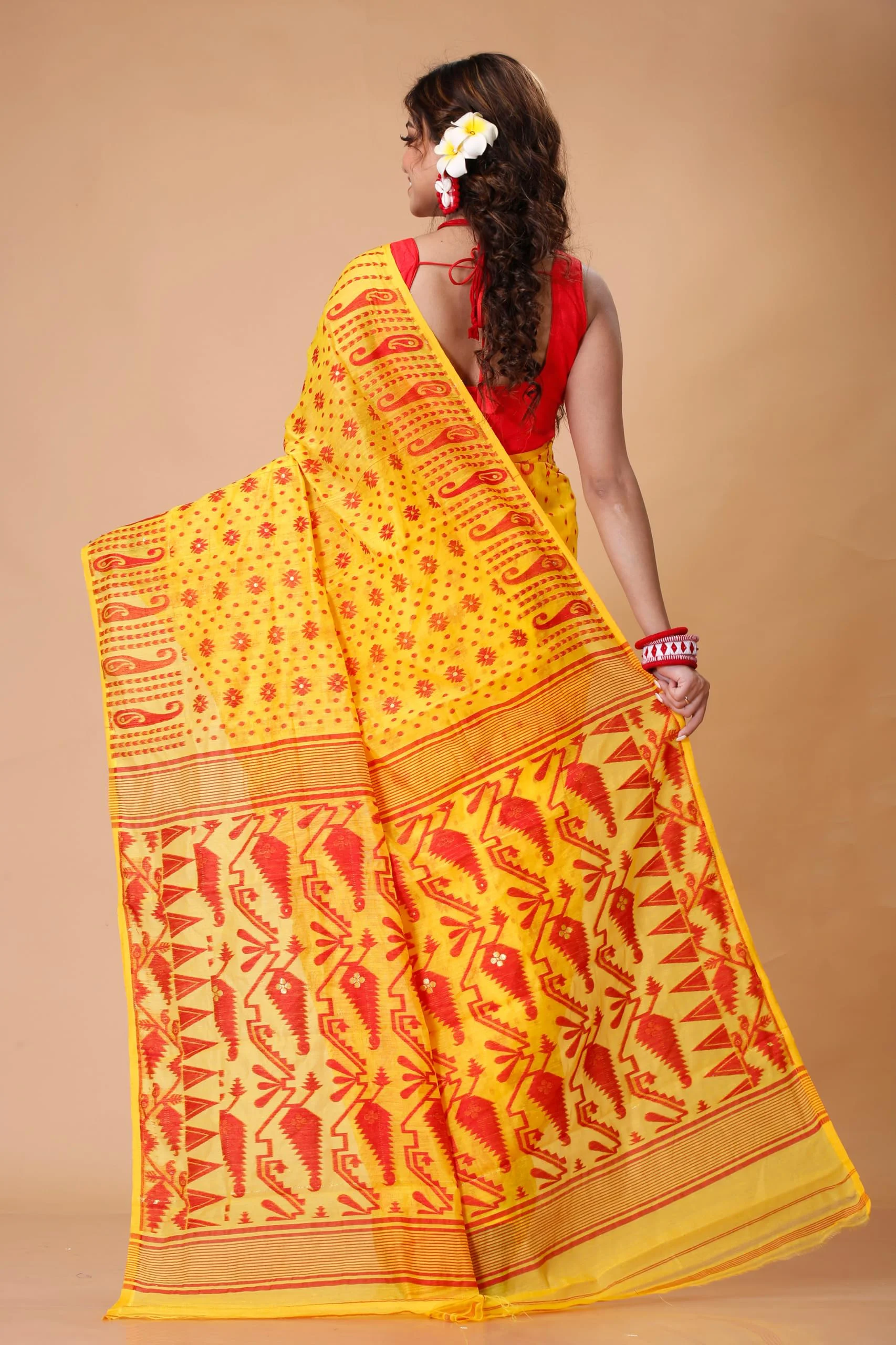 Tant Vastra Stylish Soft Cotton Silk Jamdani Saree For Women, Without Blouse Piece (Yellow) - image 1