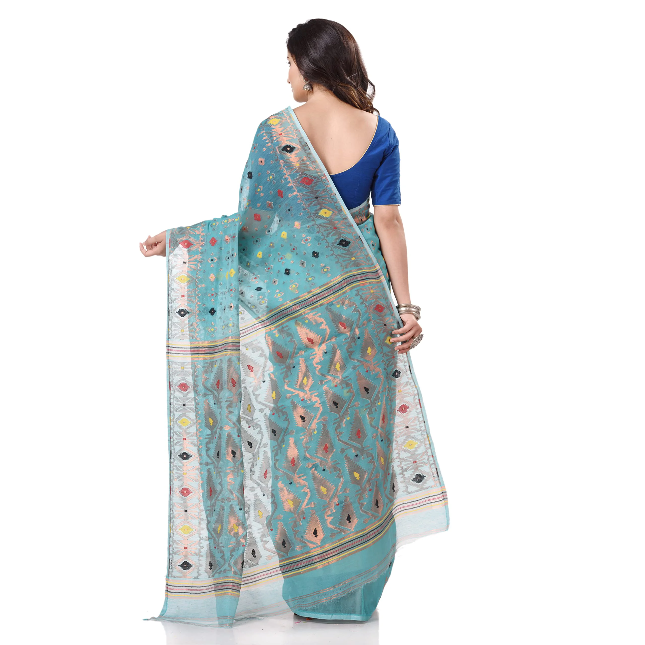 Tantloom Women's Jamdani Cotton Blend Saree With Blouse Piece (Tl290722Jmzarikarat_F_Firozi) - image 2