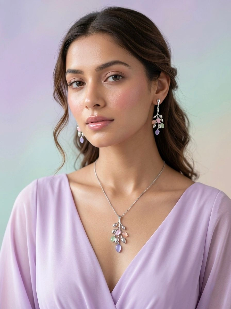 Pastel Stone Leaf Pendant Necklace & Earrings Set