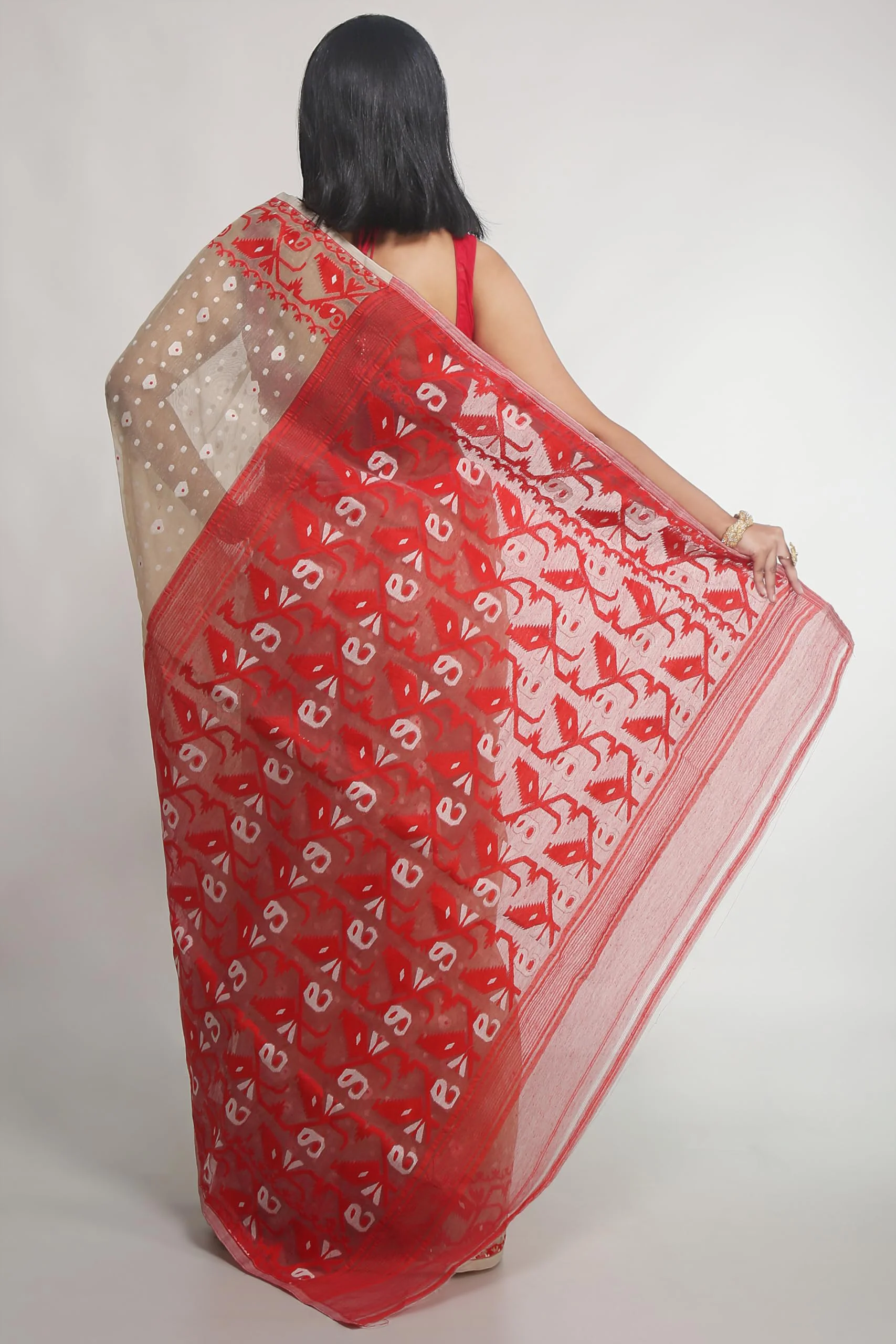 WoodenTant Women's Bengal Made Soft Dhakai Jamdani Saree Without Blouse Piece. (Beige & Red, Cotton) - image 2