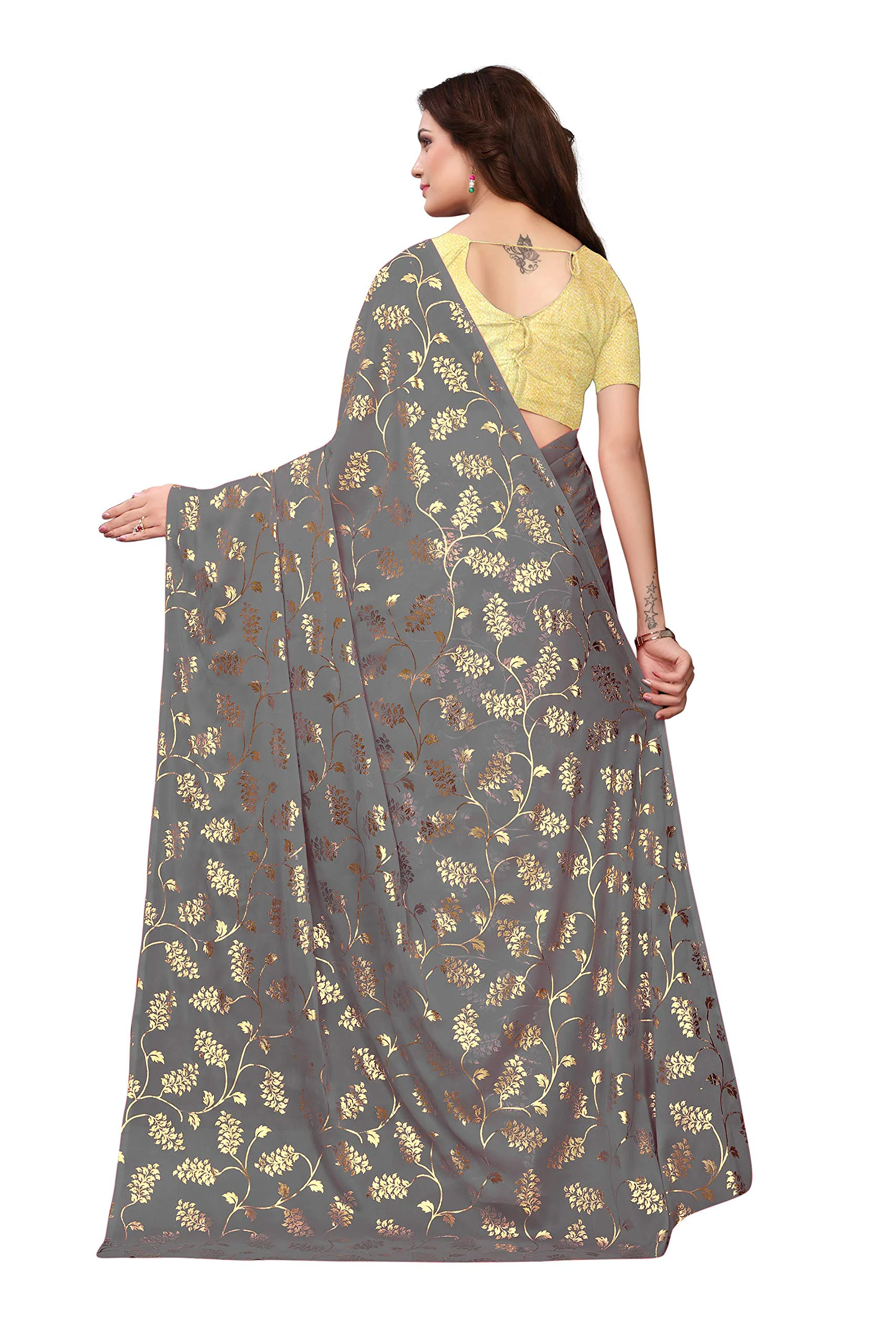 Yashika Silk with Blouse Piece Saree (FOIL Floral Black_Grey_Free Size) - image 2