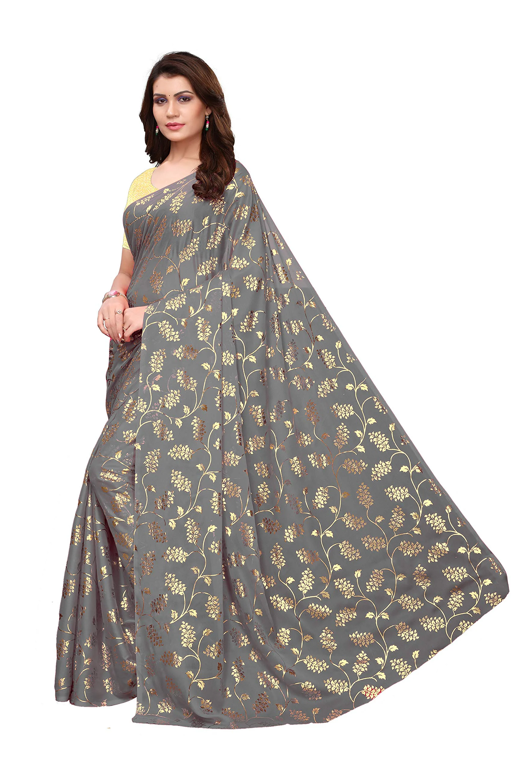 Yashika Silk with Blouse Piece Saree (FOIL Floral Black_Grey_Free Size) - image 1